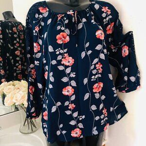 COUNTERPARTS Women's Top, LARGE, blue floral blouse, L